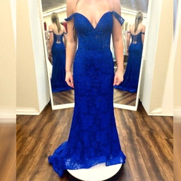 Sherri Hill Royal Blue Lace Corset Gown Open‑Back Prom Dress Size 16 NWT - Picture 1 of 16